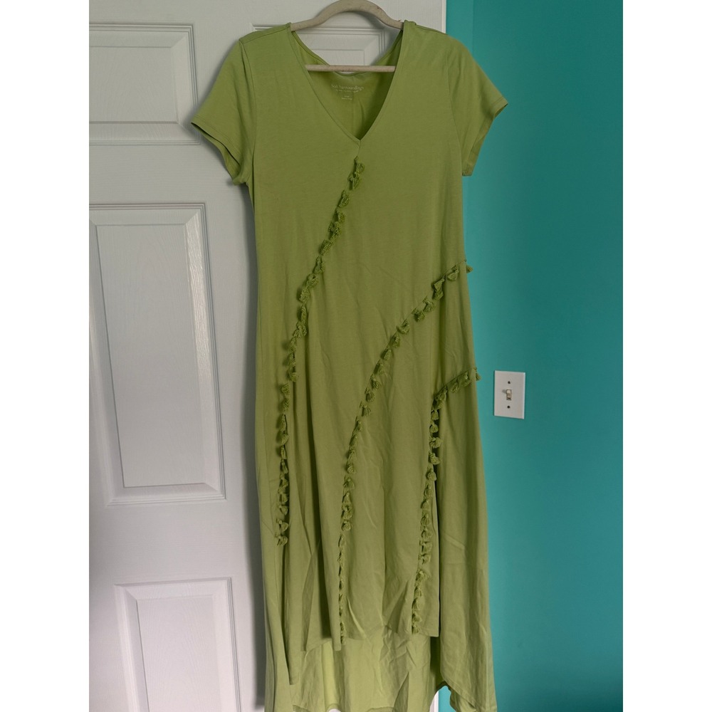 Soft Surroundings Lime Green Tassel V-Neck High-Low Maxi Dress Small